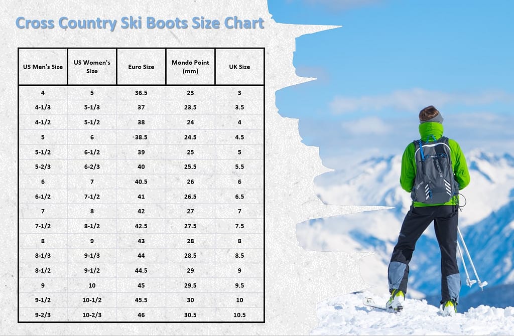 cross coountry ski boot size chart