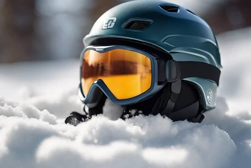 gray ski helmet with reflective ski goggles in the snow